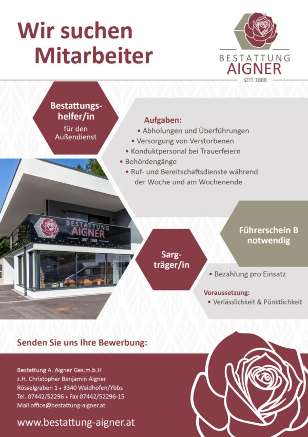 Job Bestattung Aigner - BestattungshelferIn + SargträgerIn in Waidhofen/Ybbs